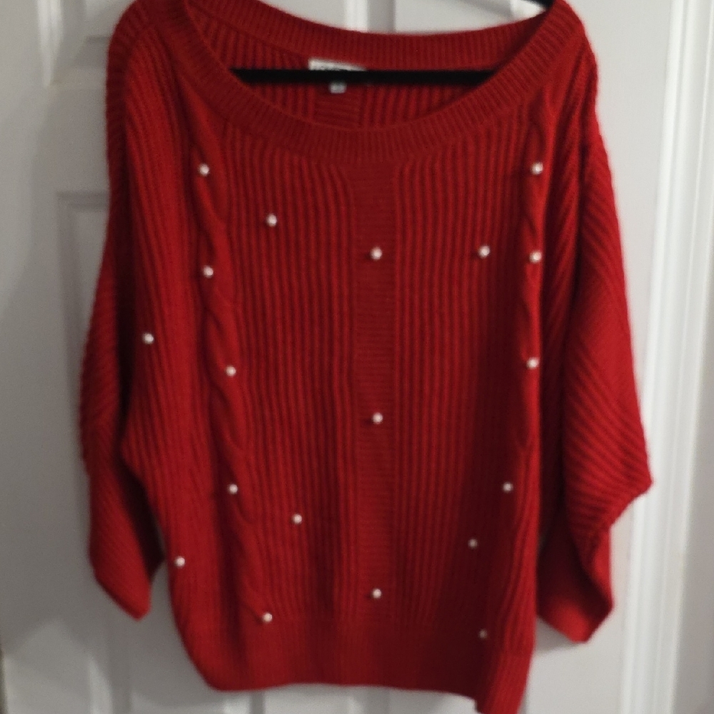 Red Women's Sweater with Pearl Accents